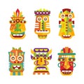 Tiki Tribal African Mask from Wood with Carved Ornament Vector Set Royalty Free Stock Photo