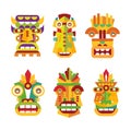 Tiki Tribal African Mask from Wood with Carved Ornament Vector Set Royalty Free Stock Photo