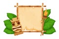 Tiki tribal hawaiian mask, statuette with human face on bamboo frame with parchment, torch in cartoon style decorated Royalty Free Stock Photo