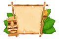 Tiki tribal hawaiian mask, statuette with human face on bamboo frame with parchment, torch in cartoon style decorated Royalty Free Stock Photo