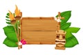 Tiki tribal hawaiian mask, statuette with human face on bamboo frame with wooden desks,planks, torch in cartoon style Royalty Free Stock Photo