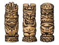 Tiki tribal wooden mask set. Hawaiian traditional elements isolated on white background. Colored vector illustration Royalty Free Stock Photo