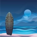 Tiki warrior mask wood surfboard ocean beach night Royalty Free Stock Photo