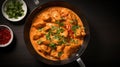 Tikka Masala dish top-down view, Indian cuisine, marinated chicken chunks cooked in a creamy tomato-based sauce. generative ai