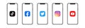 Tiktok, facebook, twitter, instagram, youtube. - Collection of popular social media logo in phone. Editorial vector illustration.