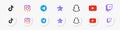 TikTok, Instagram, Telegram premium, Snapchat Youtube Twitch logo set. Top app logotype collection with neumorphic buttons.