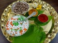 Til Gul , haldi Kumkum and sugar crystals for Makar Sankranti festival in India, selective focus