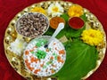 Til Gul , haldi Kumkum and sugar crystals for Makar Sankranti festival in India, selective focus