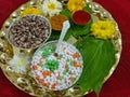 Til Gul , haldi Kumkum and sugar crystals for Makar Sankranti festival in India, selective focus