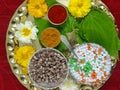 Til Gul , haldi Kumkum and sugar crystals for Makar Sankranti festival in India, selective focus