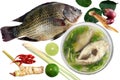 Tilapia and Boiled tilapia fish in clear bowl and Ingredients curry on white background Tom-yam-pla thai word, Piece slice fish