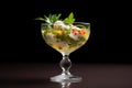 tilapia ceviche with finely chopped parsley in a crystal goblet