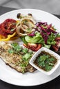 Tilapia fish fillet with mixed salad and grilled vegetables Royalty Free Stock Photo
