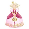 Tilda doll. Princess with a crown in a pink ball gown with a decorative clock and slippers in his hands. Vector cartoon character