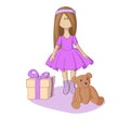 Tilde doll has lilac dress and toy bear.