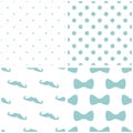 Tile blue and white vector pattern set with mustache, polka dots and bows