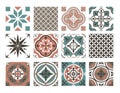 Tile colorful pattern set, abstract oriental blue brown geometric ornament collection