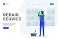 Tile layer services flat landing page template. Repairman fixing tiles to wall cartoon character. Professional workman