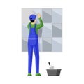 Tile layer at work flat illustration. Professional repairman fixing tiles to wall cartoon character. Skilled workman