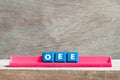 Tile letter on rack in word OEE Abbreviation of overall equipment effectiveness on wood background