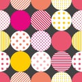 Tile patchwork vector pattern with pastel polka dots on black background Royalty Free Stock Photo