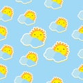 Tile pattern with cute yellow sunshine and cloud on blue background
