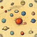 Tile - Planets, meteors and UFO (#1) 1x1 Single. Seamless illustration. Generative AI (Real 300 DPI)