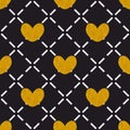 Tile quilted vector pattern with golden hearts