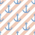 Tile sailor vector pattern with blue anchor and white stripes on pastel background Royalty Free Stock Photo