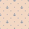 Tile sailor vector pattern with navy blue anchor and polka dots on pastel background Royalty Free Stock Photo