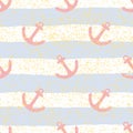 Tile sailor vector pattern with pastel blue and white stripes, golden dust and pink anchor