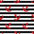 Tile sailor vector pattern with red anchor on black and white stripes background