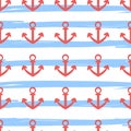 Tile sailor vector pattern with red anchor on navy blue and white stripes background Royalty Free Stock Photo