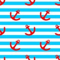 Tile sailor vector pattern with a red anchor on white and blue stripes background Royalty Free Stock Photo