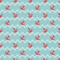 Tile sailor vector pattern with red anchor on white and blue stripes background Royalty Free Stock Photo