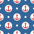 Tile sailor vector pattern with red anchor and white polka dots on navy blue background Royalty Free Stock Photo