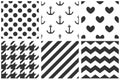 Tile sailor vector pattern set with black polka dots, zig zag, hounds tooth, sailor anchor, hearts and stripes on white background Royalty Free Stock Photo