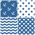 Tile sailor vector pattern set with polka dots, zig zag stripes and hearts on blue background