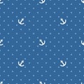 Tile sailor vector pattern with white anchor and polka dots on pastel blue background Royalty Free Stock Photo