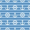 Tile sailor vector pattern with white rudder and anchor on blue stripes background Royalty Free Stock Photo