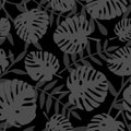 Tile tropical vector pattern with black exotic leaves background