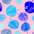 Tile tropical vector pattern with blue exotic leaves on pink background