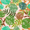 Tile tropical vector pattern with exotic leaves on pastel background
