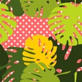 Tile Tropical Vector Pattern With Exotic Leaves On Polka Dots Pink Background