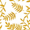 Tile tropical vector pattern with golden exotic leaves on white background