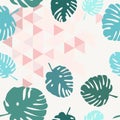 Tile tropical vector pattern with green exotic leaves on grey and pink triangle background Royalty Free Stock Photo