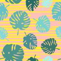 Tile tropical vector pattern with exotic leaves on pink and yellow background