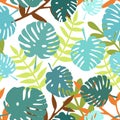 Tile tropical vector pattern with green exotic leaves on white background