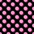 Tile vector pattern big pink polka dots on black background