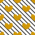 Tile vector pattern with black stripes and golden hearts on white background Royalty Free Stock Photo